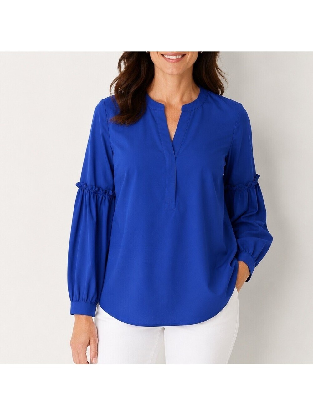 Talbots Blue Split Neck Tunic Blouse XS Peasant Boho Coastal Preppy Beach Hippie